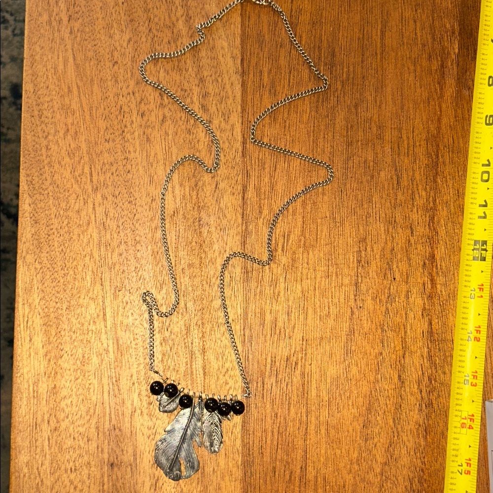 Boho Vintage Tribal Western Silver Feather Necklace with Black Beads - Picture 2 of 4